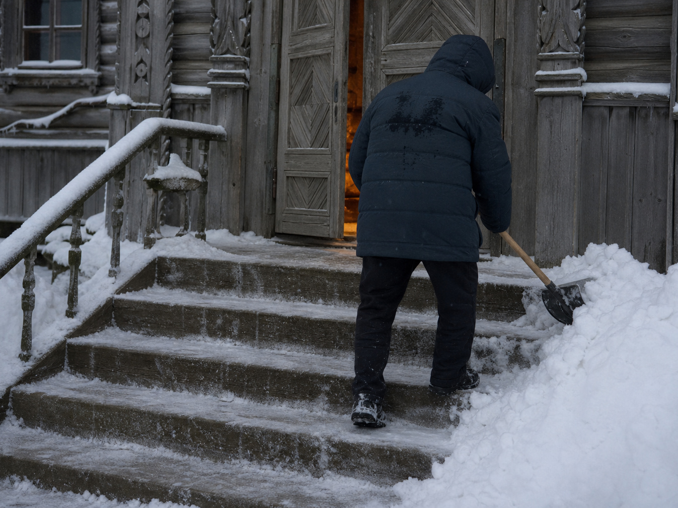 门外有人弓着背铲台阶上的雪,只取后背,堂门缝里漏出一点灯光。